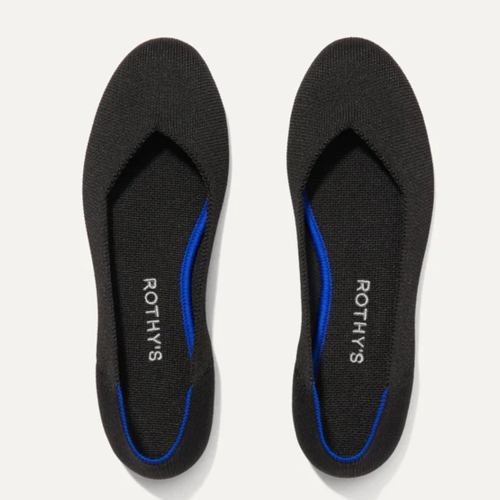 Rothy’s Cult Classic Ballet Flat in solid black + blue detail.